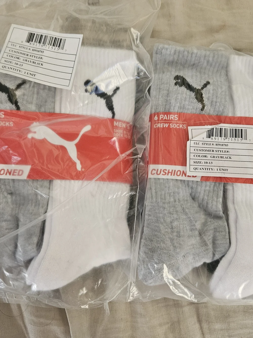 Puma Men’s Athletic Crew Socks - Black, Gray & White - 6 Pack